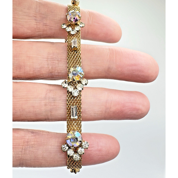 Vintage Mesh Rhinestone Bracelet Gold Tone AB Aurora Borealis 7” - Picture 2 of 9